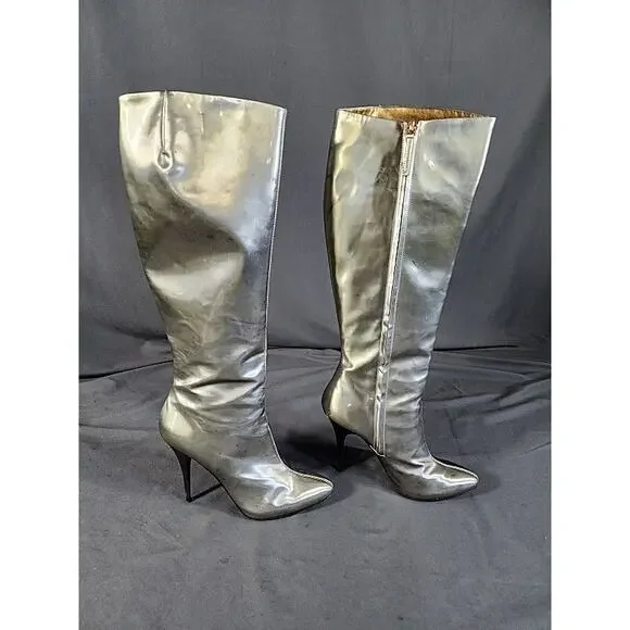 Vintage Giuseppe Zanotti Silver 5' Stiletto Knee High Leather Go-Go Boots 40 - Picture 2 of 9